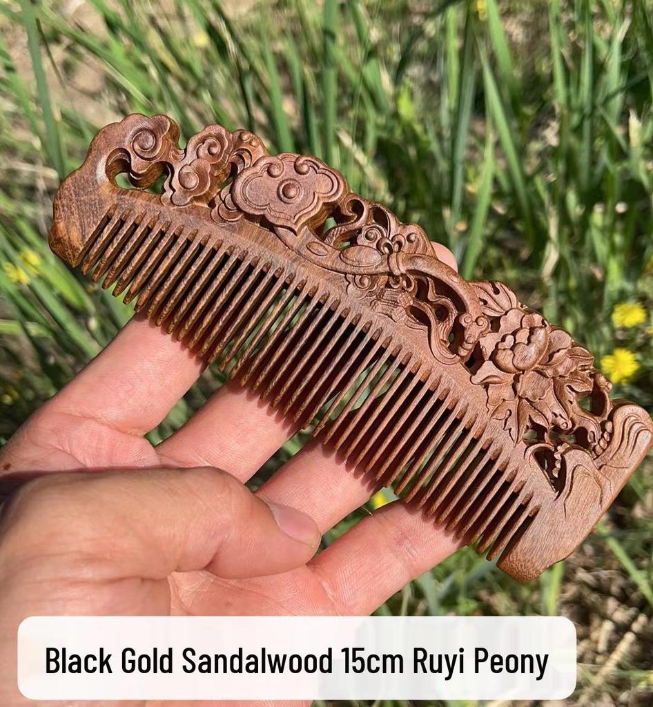 Engraved Green Sandalwood Comb - Black Gold Carved Design, Gift Box Included