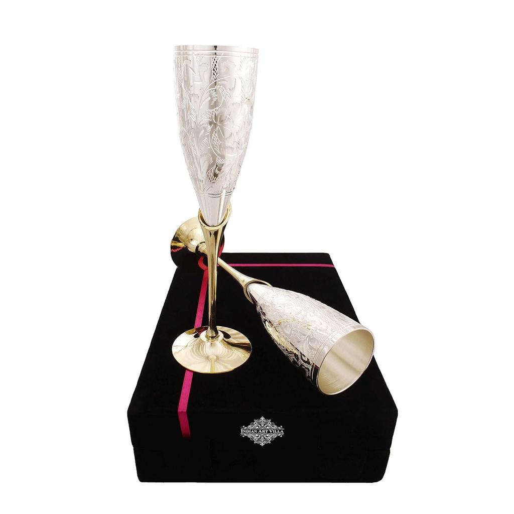 Silver Plated Engraved Goblet Flute Wine Glass with Black Box, Best for Parties, Diwali Gift Set, 100 ML Each, Set of 2