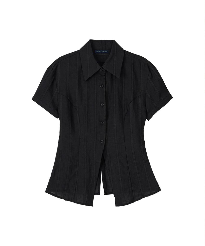 SALON DE YOHN Classic Linen Short Sleeve Shirt_ Black