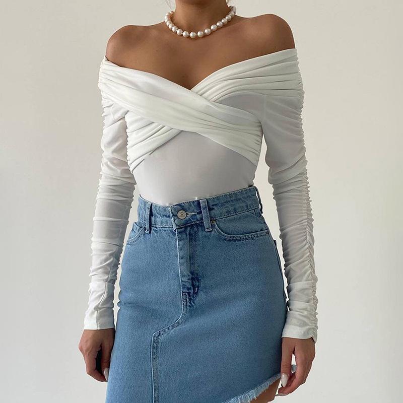European and American Spring and Autumn V-neckline Shoulder Pleated Long Sleeved Tight Fitting Jumpsuit for Women
