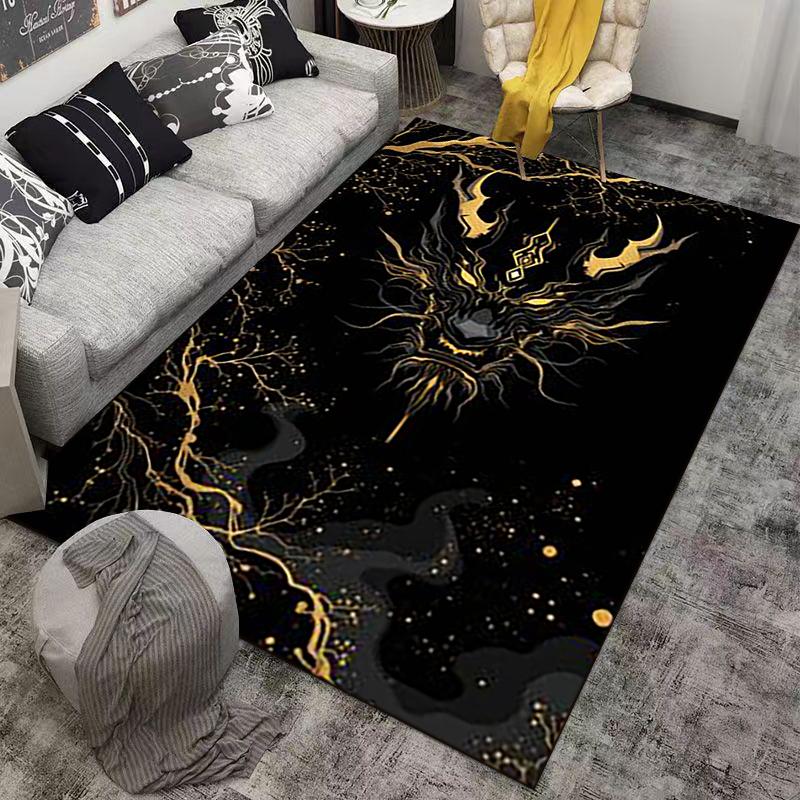 Golden Dragon Head Design Rug with Black Background for Home Decor. Suitable for use as an anti-slip for living room bedroom sofas