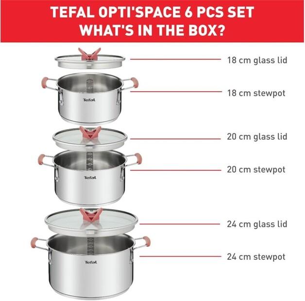 Tefal Opti Space Pot Set, 6 Pieces (G720S674)