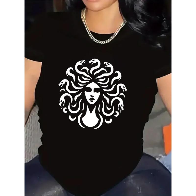 

Women s Medusa Print Short Sleeve T-Shirt, Polyester, Lightweight Comfort Casual Top For Home Daily Outdoor S чёрный