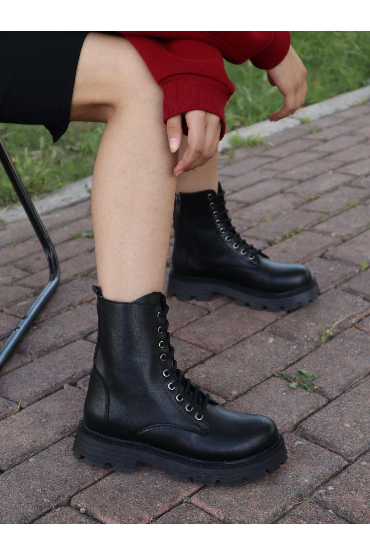 

Women Modern Stylish Fashion Women Black Skin Lace Up And Zipper Boots 36