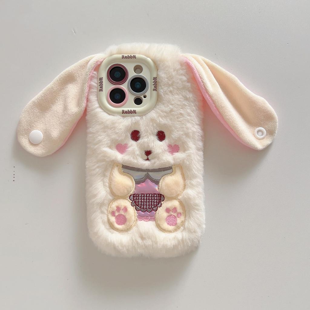 Plush big-eared rabbit mobile phone case for Apple 16PROMAX lens holder 15 autumn and winter 11 furry 13/14