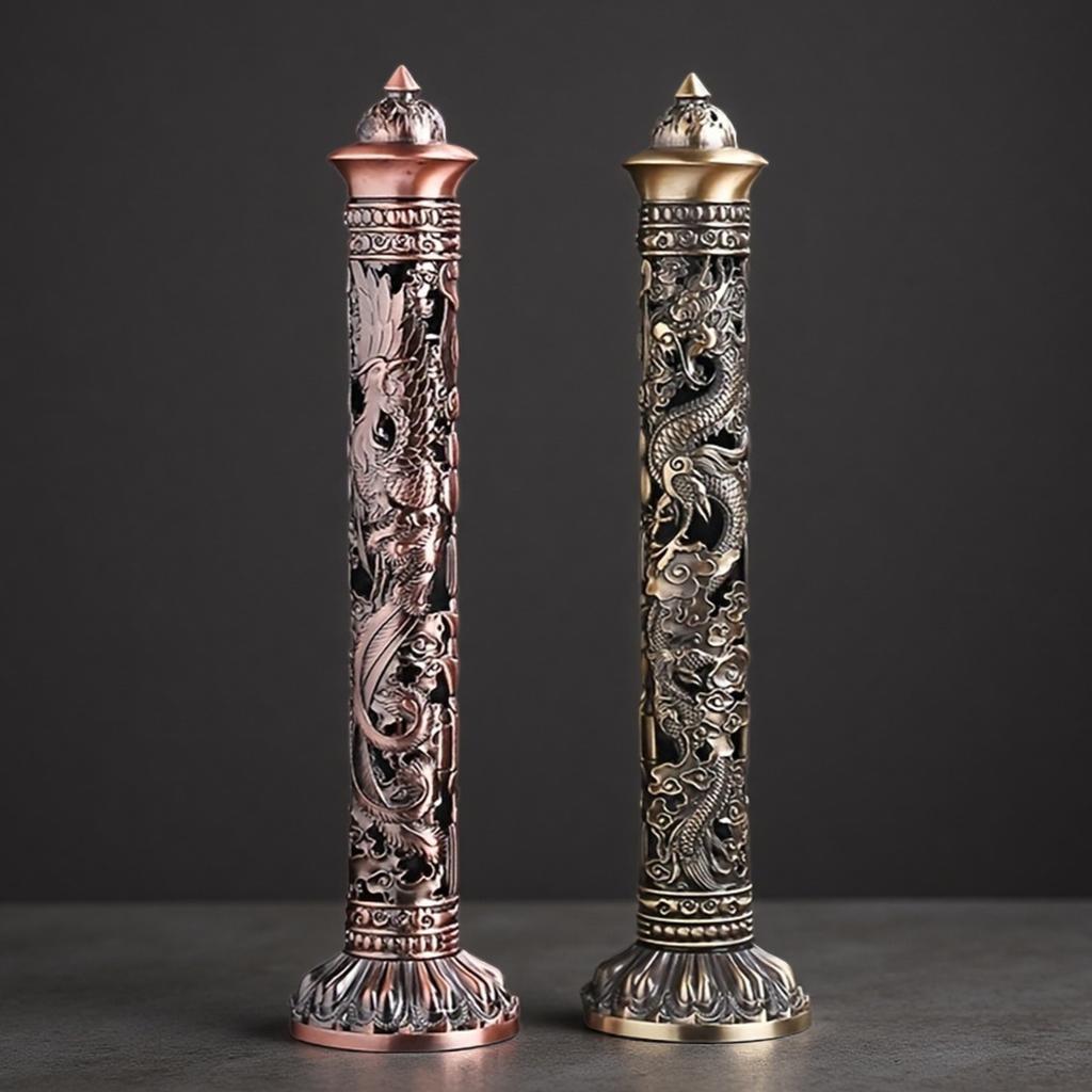 Vintage Vertical Incense Holder Dragon and Phoenix Pillar for Home Office, Celebration Decor, Room Decor,Furniture,New Year Gift