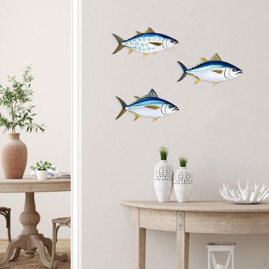 3 Pezzi Pesce Tonno in Legno Arte da Parete Pesce Oceanico Appeso a Parete Decorazione Tema Nautico Costiero Scultura da Parete per Casa Casa sul Lago Stanza Decorazione