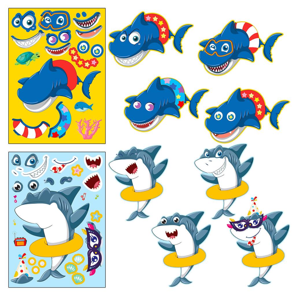 6 Stück/Packung Hai-Gesichts-Tausch-Puzzle-Aufkleber, DIY-Persönlichkeitsaufkleber, Meereslebewesen-Aufkleber