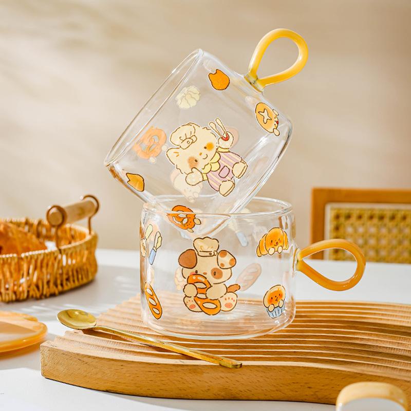 Creative High Borosilicate Glass Cup Heat Resistant Mug Couple Cup Cute Coffee Cup Large Capacity Breakfast Cup with Lid Spoon