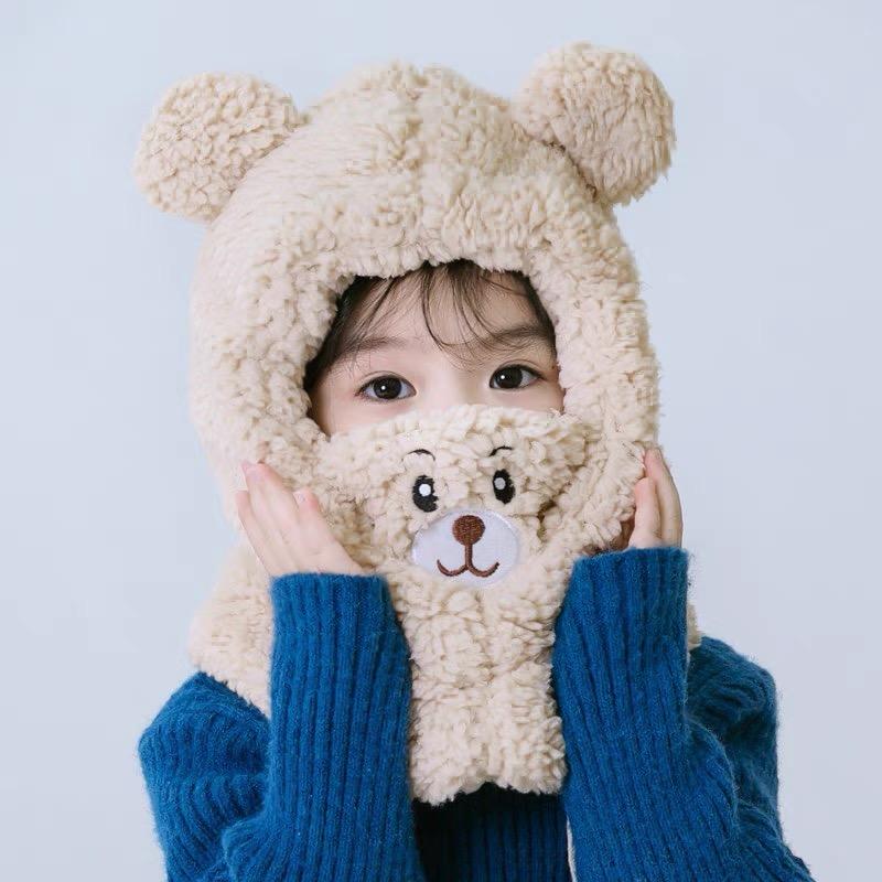 3-9Y Cartoon Hat for Girls Boys Scarf Thicken Cap Winter Hat for Kids Newborn Baby Stuff Children Hat Plus Fleece Kids Caps