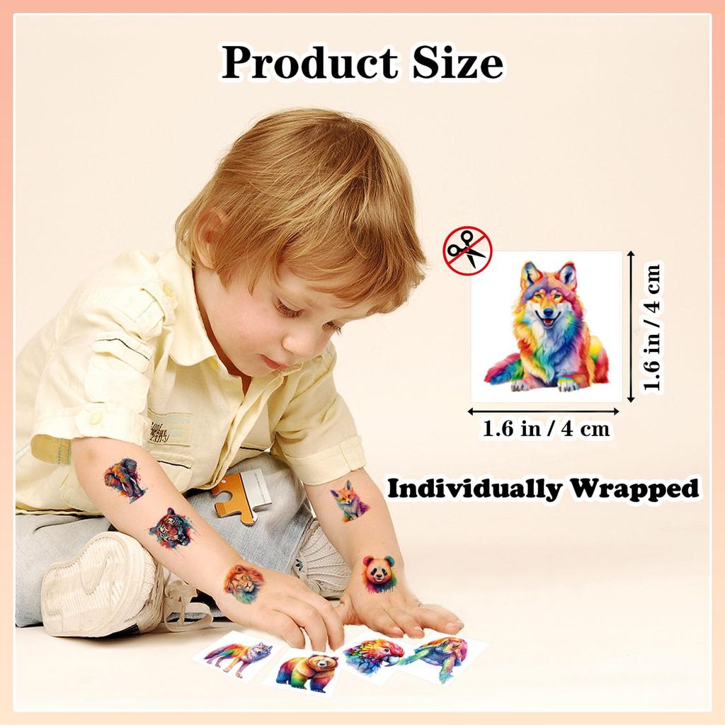 Individually Wrapped Watercolor Animals Temporary Tattoo Stickers Cute Kids Body Arm Shoulder Decor for Boys Girls Birthday