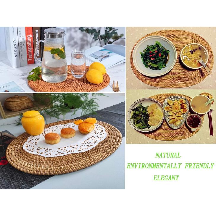 Set of 2 Oval 15.7x11.8IN Natural Handmade Rattan Placemats Rattan Insulation Heat-Resistant Mat Pot Holder Tripod