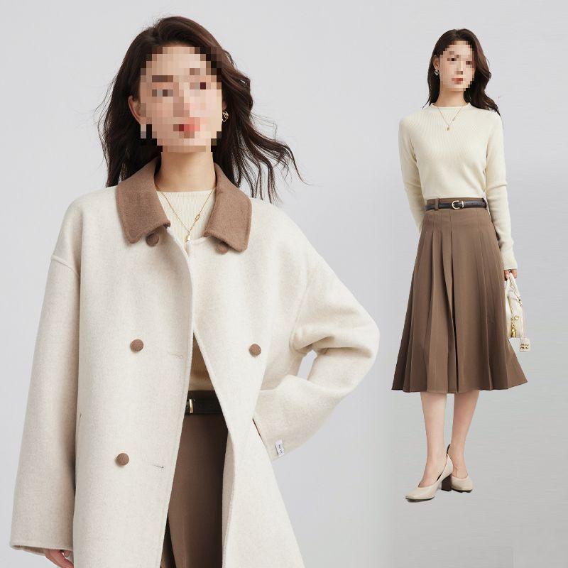 Women's Mid-Length Beige Wool Coat - Elegant French Casual Loose Fit, Petite Plus-Size, Thickened Winter Outerwear 2025.