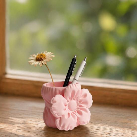 3D Printed Silk Flower Pen Holder, Cute Puff Flower Desk Organizer, Makeup Brush Storage, Vase Decorative Gift for Students Girls