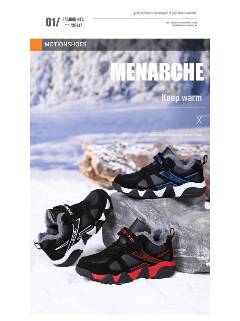 Kids' Boys' Velcro Sports Shoes - Warm, Cotton, Winter 2025 Style for Middle and Elementary School Students.