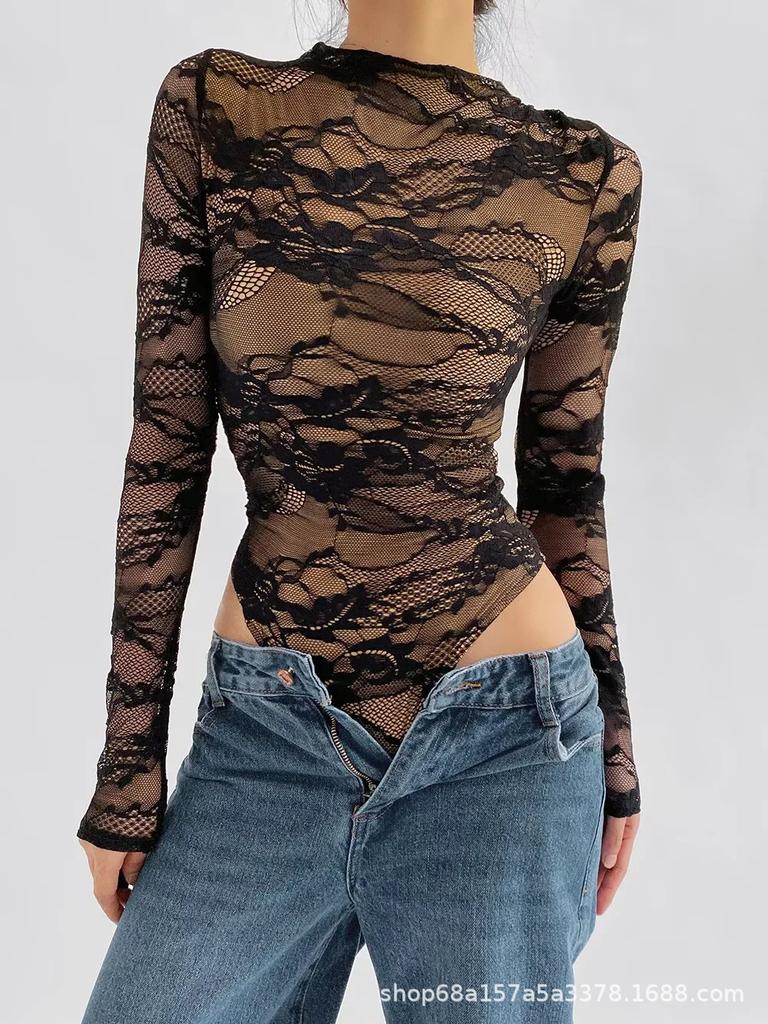 Trendy European & American Style Slim-Fit Lace Patchwork Long-Sleeve Jumpsuit