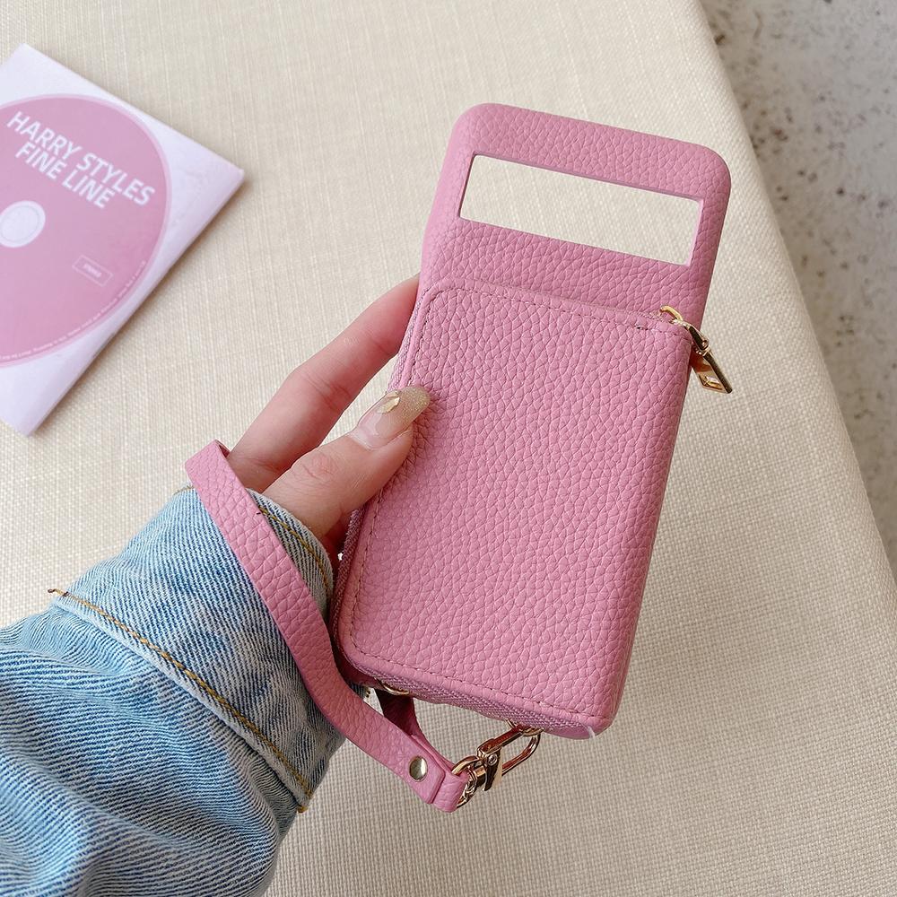 For Google Pixel 8 Pro Case Zipper Card Slots PU Leather Phone Back Cover with Wrist Strap