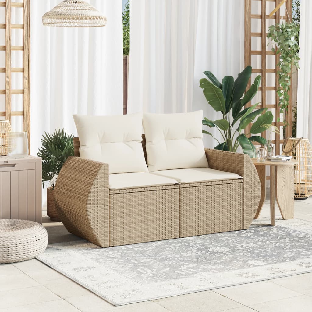 2-Sitzer Gartensofa mit Kissen Beige Poly-Rattan