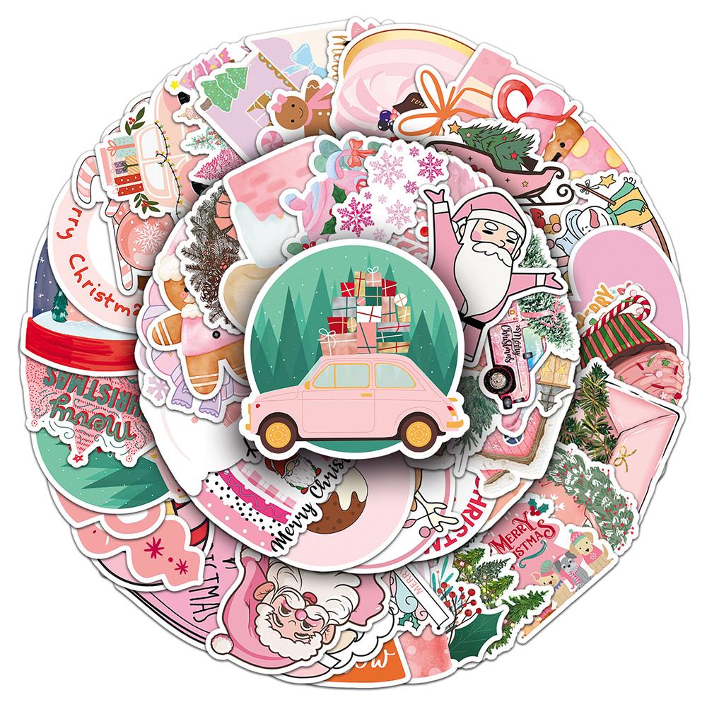 50pcs Pink Christmas Cute Santa Claus Stickers Cute Toys Decals Decoration DIY Phone Fridge Suitcase Skateboard Bike Gifts