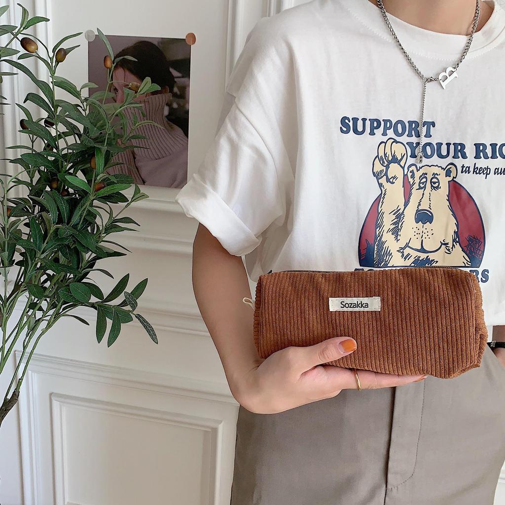Retro Corduroy Pencil Case - Simple, Solid Color Stationery Bag for High School Students