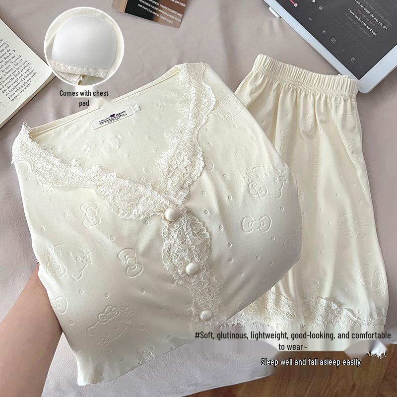 Women's Summer Tencel Cotton Pajama Set with Bra: New 2025 Short Sleeve Three-Piece Loungewear.
