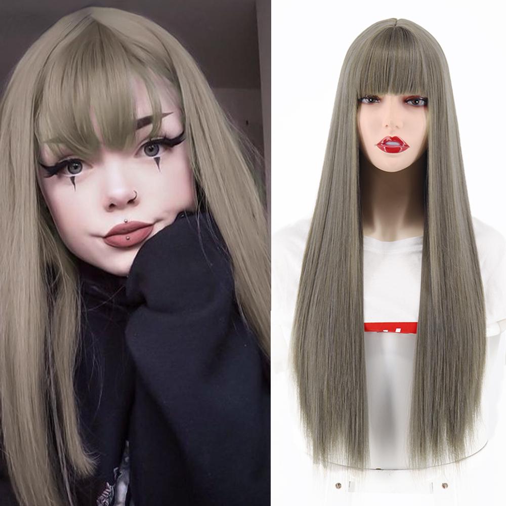 MERISIHAIR Brown Long Straight Wig with Blunt Bangs Synthetic Heat Resistant Fiber Wig for Women Daily Wear