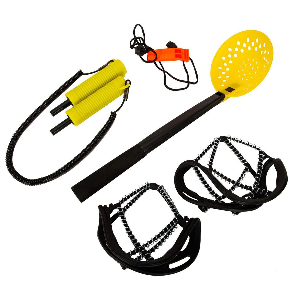 Winter Ice Fishing Rescue Kit: Telescopic Ice Axe, High-Strength Scoop, Crampons, Shoe Covers & Whistle Combo.