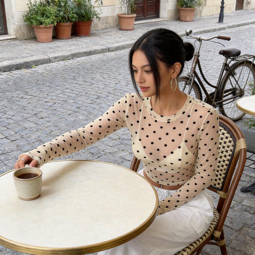 Sexy Mesh T Shirt For Women With Polka Dot Pattern And Long Sleeves For Streetwear Fashion