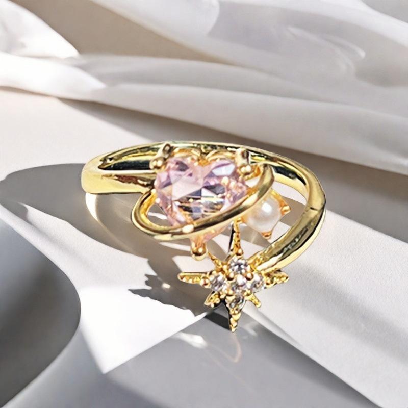 Sweet Girl Heart Pink Love Zircon Crown Open Ring Niche Design Light Luxury High Sense Fashion Ring