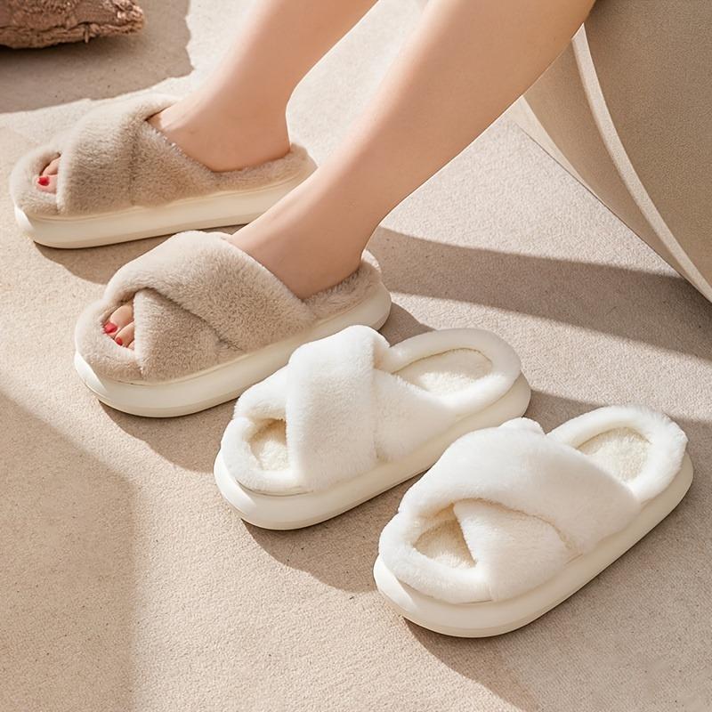 Cross Warm Fluffy Furry Slippers Women Lightweight Flat Heels Fur Slides Woman Autumn Winter Open Toe Non Slip Home Floor Shoes