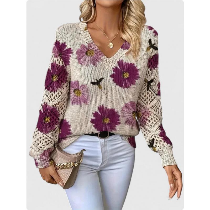 Bohemian Floral V-neck Sweater - Elegant, Long Sleeve Pullover Top