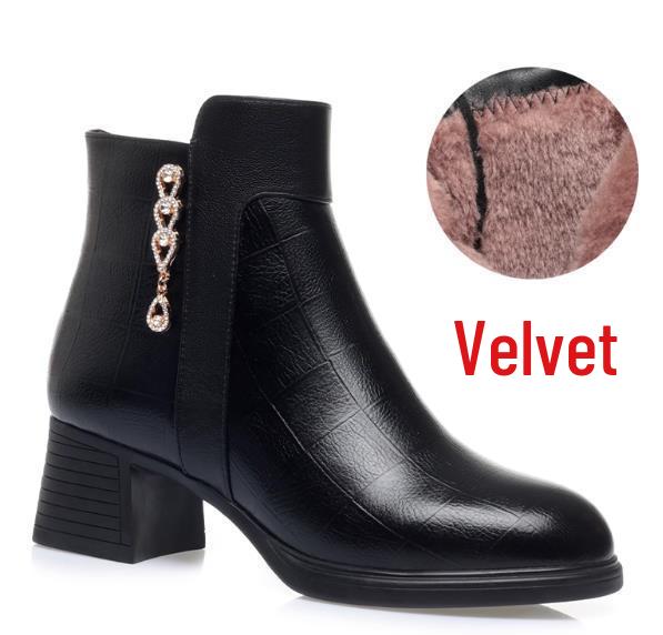 

Autumn/Winter 2023 Chunky Heel Ankle Boots - Warm Fleece-Lined Leather Shoes for Middle-Aged Women Size 35
