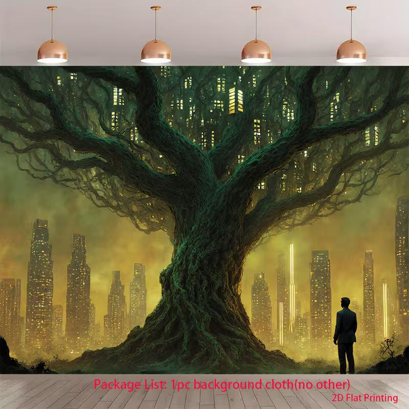 

2D Post-Apocalyptic Backdrop Giant Tree with a Man in Suit Looking at the City Party Photo Background 47.2x31.5inch/120*80cm