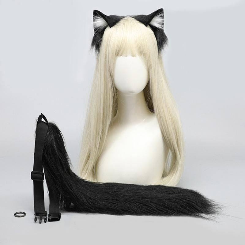 Lovely Plush Tail Animal Tail Cats Ears Headband Foxes Tail Adjustable Belt for Halloween Christmas Carnivals Party