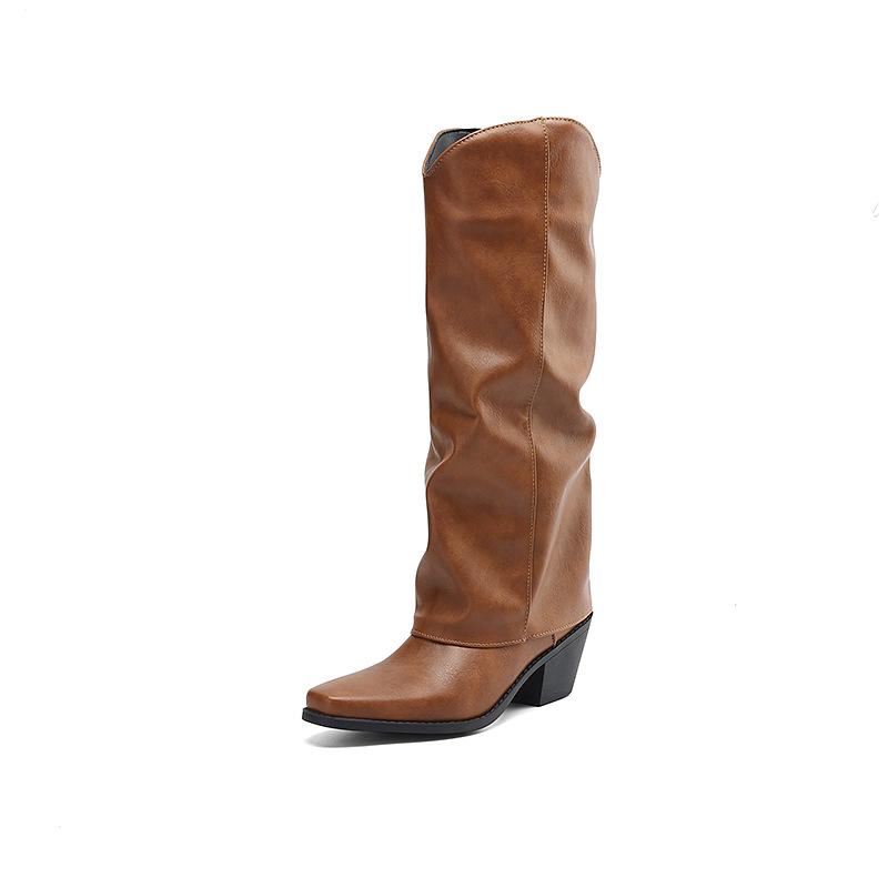Fashion IPPEUM Cowboy Boots Knee High For Women Block Heel Plus Size 34-46 PU Leather Western Cowgirl Shoes