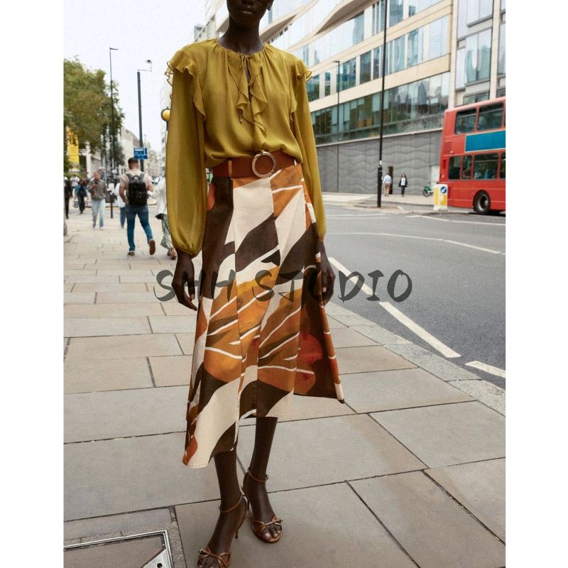 Fall New Women's Clothing French Style Loose Metal Buckle Decoration High Waist Print Poplin Belt Skirt 5029171