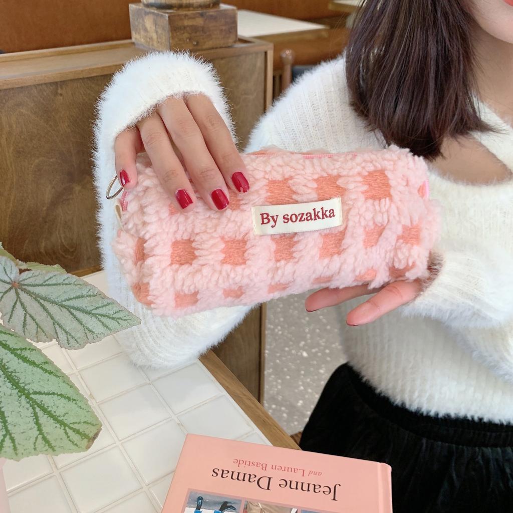 Waffle Lamb Plush Pencil Case Japanese Niche Student Stationery Storage Bag Female Student Large Capacity