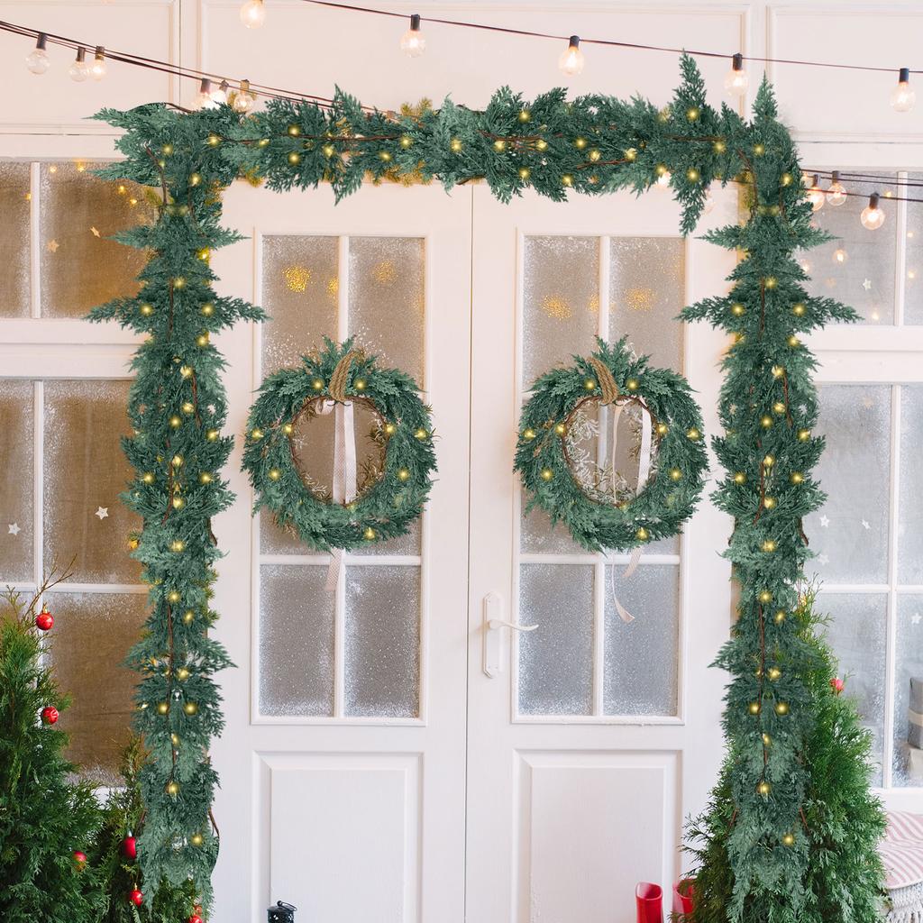 Christmas Cedar Garland Artificial Pine and Cypress Vine with Lights Christmas Table Curtain Outdoor Indoor Winter Decoration