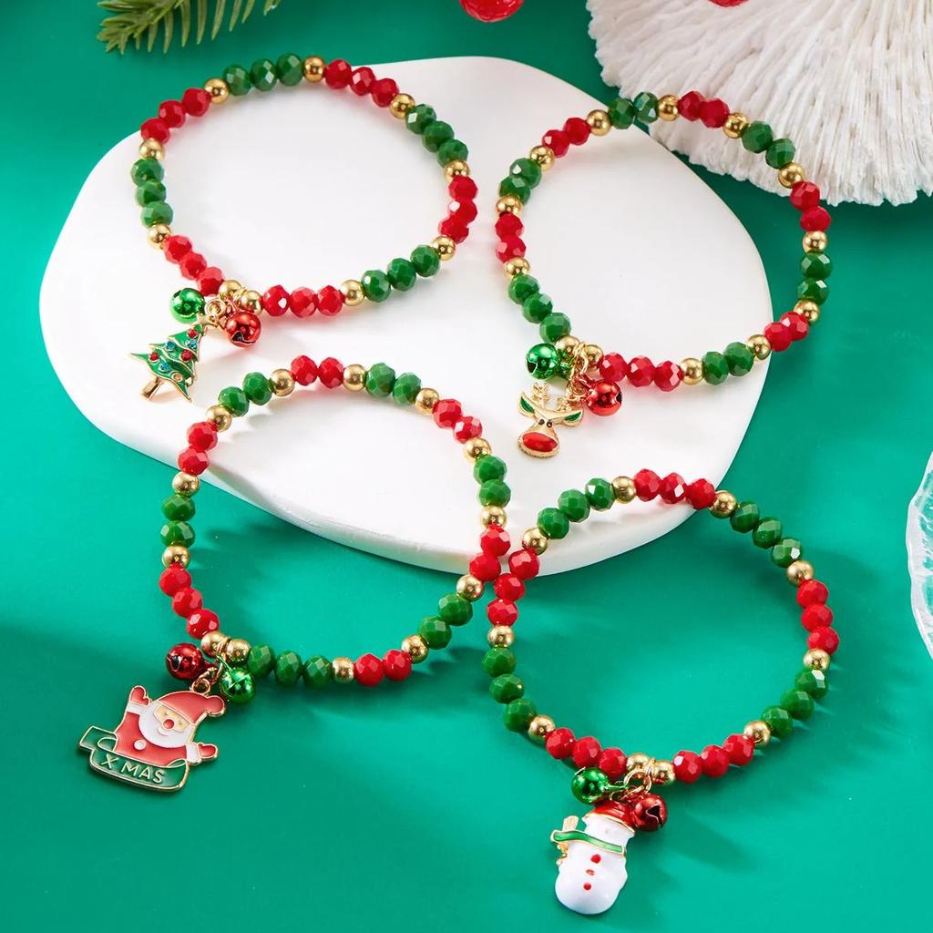 Trendy Small Crystal Bead Xmas Bracelet for Women Men Handmade Christmas Tree Snowman Elastic Bracelet Jewelry Gifts