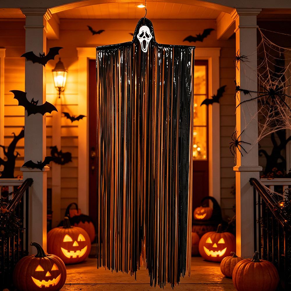 Halloween DIY Tassel Big Ghost Hanging Ornament Spooky Face Ghost Pendant Haunted House Yard Atmosphere Decor Party Cosplay Prop