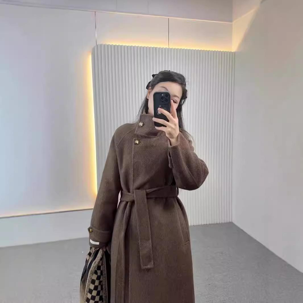 

Новое шерстяное пальто приталенного силуэта осень-зима новое женское шерстяное двустороннее шерстяное пальто куртка пояс воротник-стойка пальто M кофейный