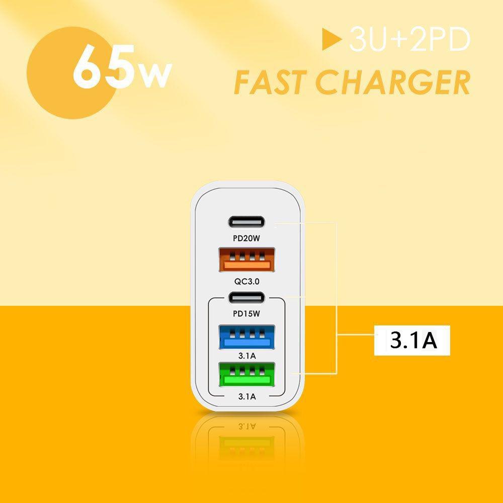 PD65W Fast Charger: 5V/3.1A Multi-Port Adapter with USB & PD for EU/US/UK