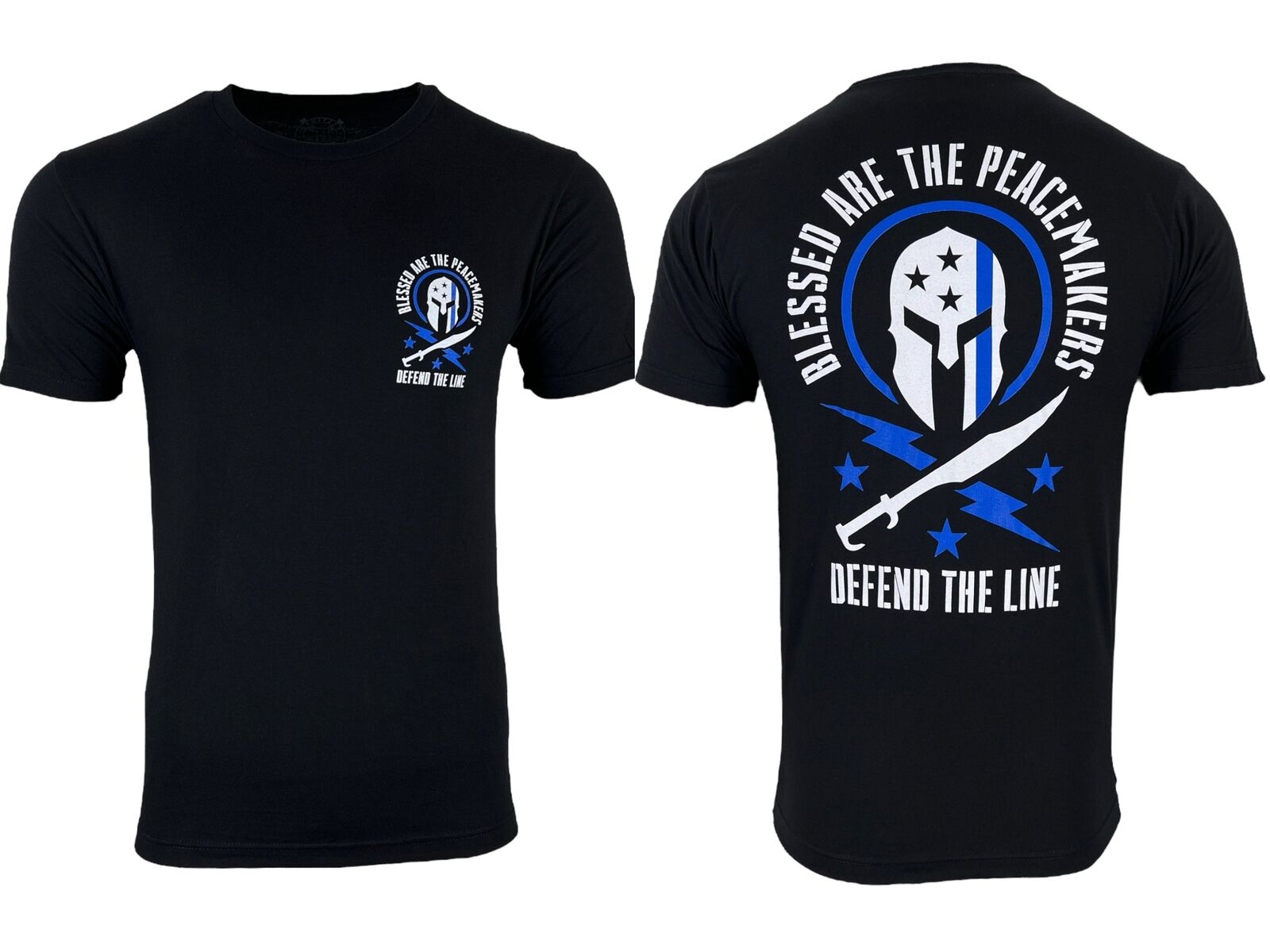 Blessed Are The Peacemakers | Blue Line Spartan Helmet Grunt T-Shirt 100% Cotton O-Neck Short Sleeve Summer Casual Mens T-shirt 4XL