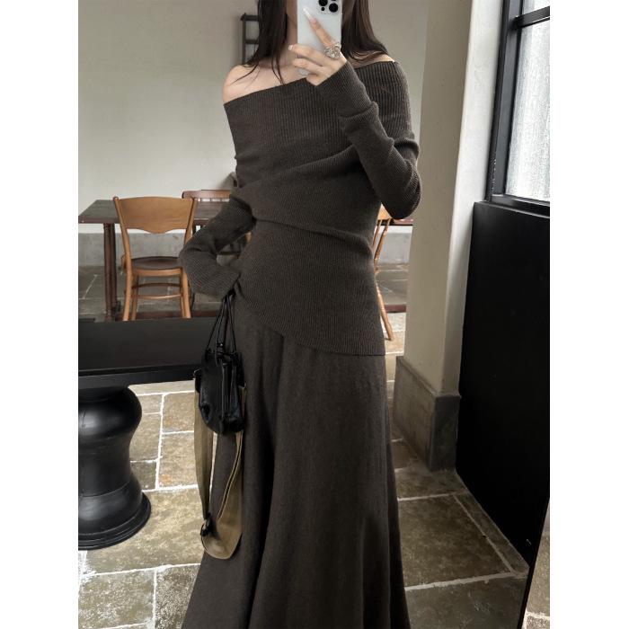 2026 Elegant One-Shoulder Korean Dress: Women's Spring/Autumn Lazy Style Full Set