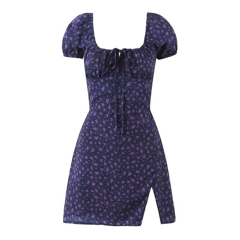 

The Sweetness Is Just Right French style Retro Floral Square Collar Puff sleeve Lace-up Slim fit Slimming Short Split Dress Purple floral L