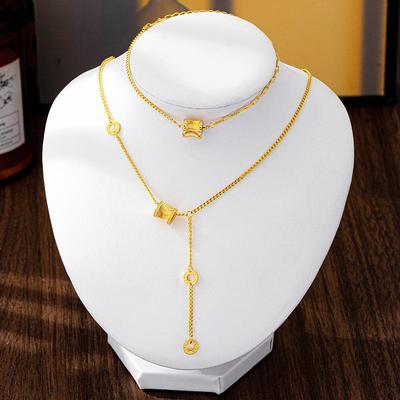 Trendy Sand Gold Necklace & Cat's Eye Bracelet Set: Simple, Long-Lasting, Color-Fast Women's Jewelry