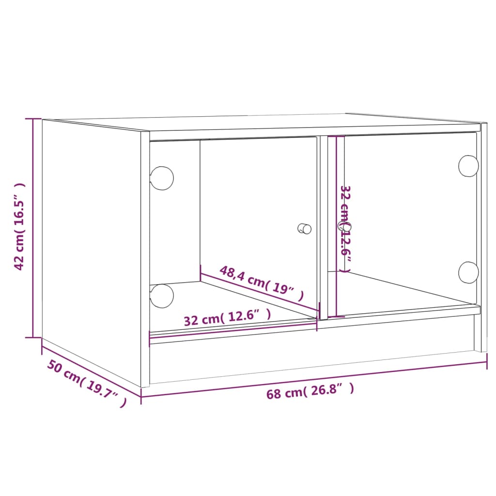 Coffee Table with Glass Doors Smoked Oak Finish 68 X 50 X 42 Cm