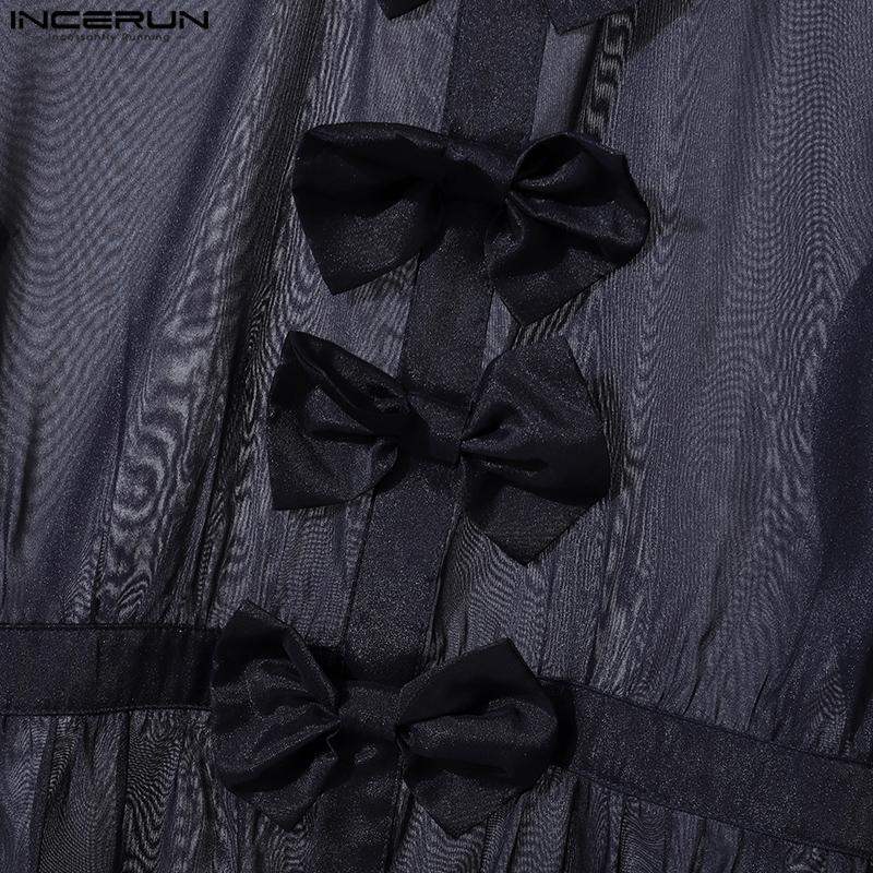 INCERUN Men Long Sleeve Bow Knot Mesh Sheer Hollow Out Party T-shirts Tops