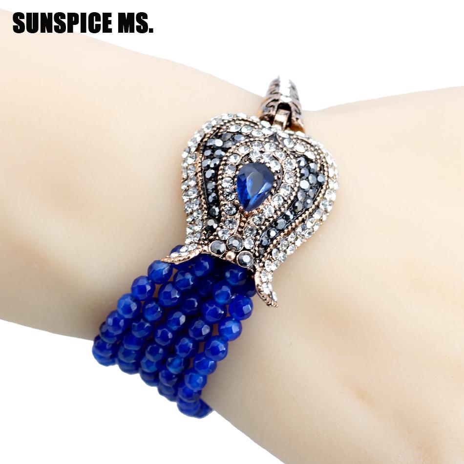 Nouveau Bracelet Chaîne Perles Pierre Naturelle Turque Femmes Vintage Bohème Bijoux Couleur Or Antique Cristal Mariage Amour Bracelets