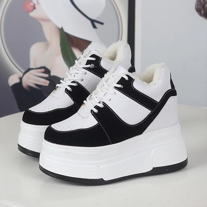 Fashion Woman Plush Warm Winter Sneakers Women High Top Cotton Sport Shoes 12CM Casual Lace Up Female Platform Shoe Zapatillas Mujer